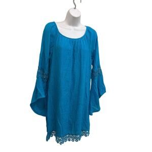 Wrangler Turquoise Western Boho Dress Short, Embroidered Trim Women's Small